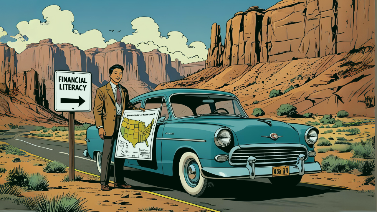 Man looking at US highway map with financial literacy road sign