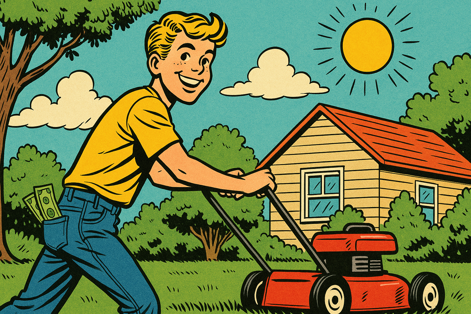 Homeschool Teen Mowing the lawn for a summer job