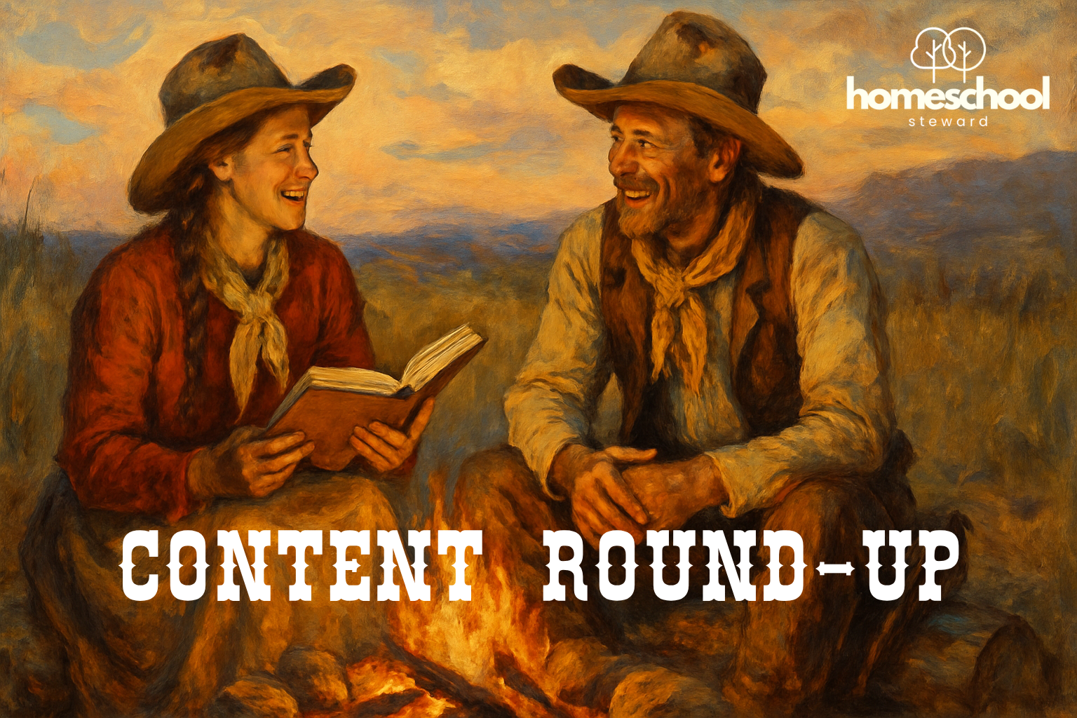 Homeschool cowboy parents discussing book around a campfire