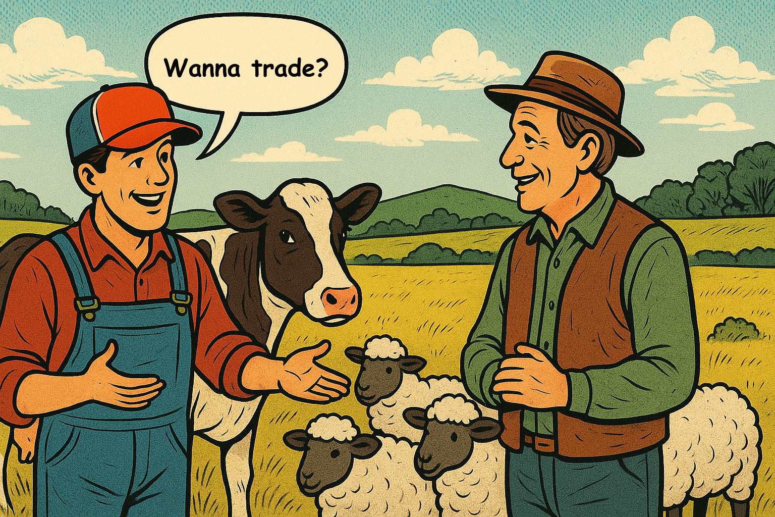 Farmer trading a cow for four sheep