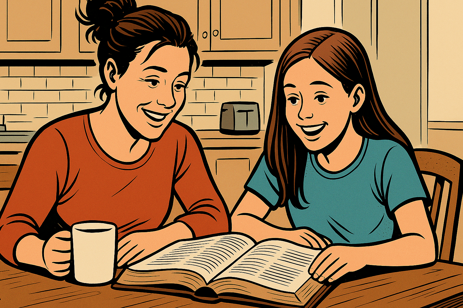 Mom and daughter reading Bible together